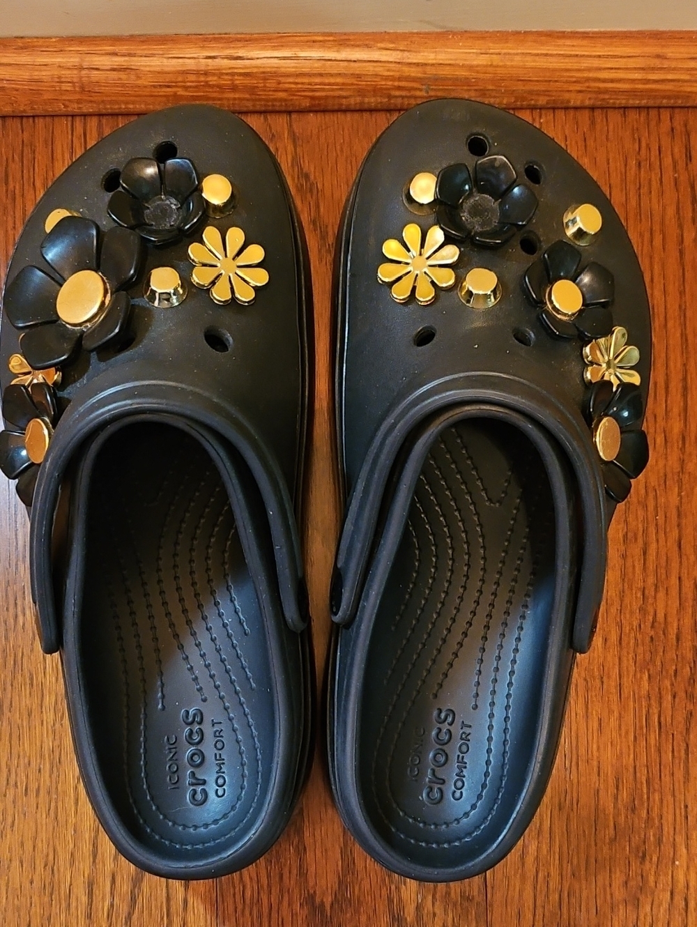 CROCS Black Classic Platform Clog with Gold Floral Charms